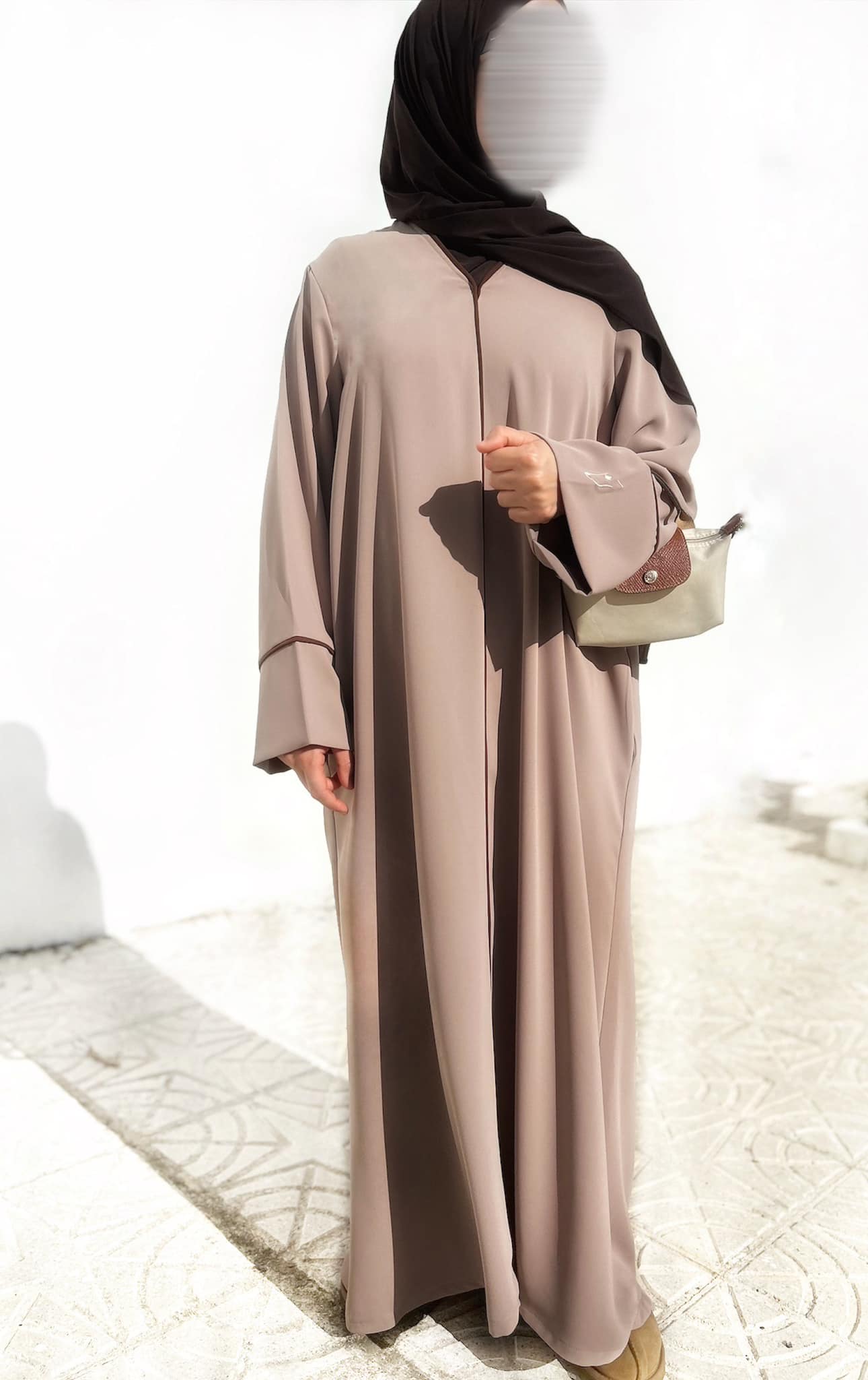 ~Husna~ Embroidered Crepe Abaya - Beige with Detailing